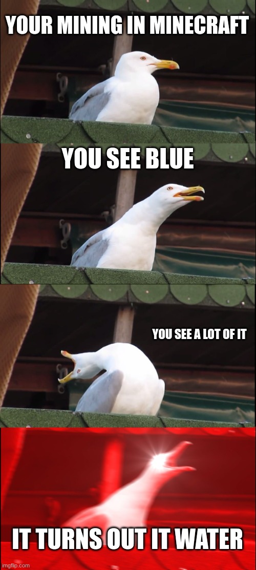 Pain | YOUR MINING IN MINECRAFT; YOU SEE BLUE; YOU SEE A LOT OF IT; IT TURNS OUT IT WATER | image tagged in memes,inhaling seagull,minecraft | made w/ Imgflip meme maker