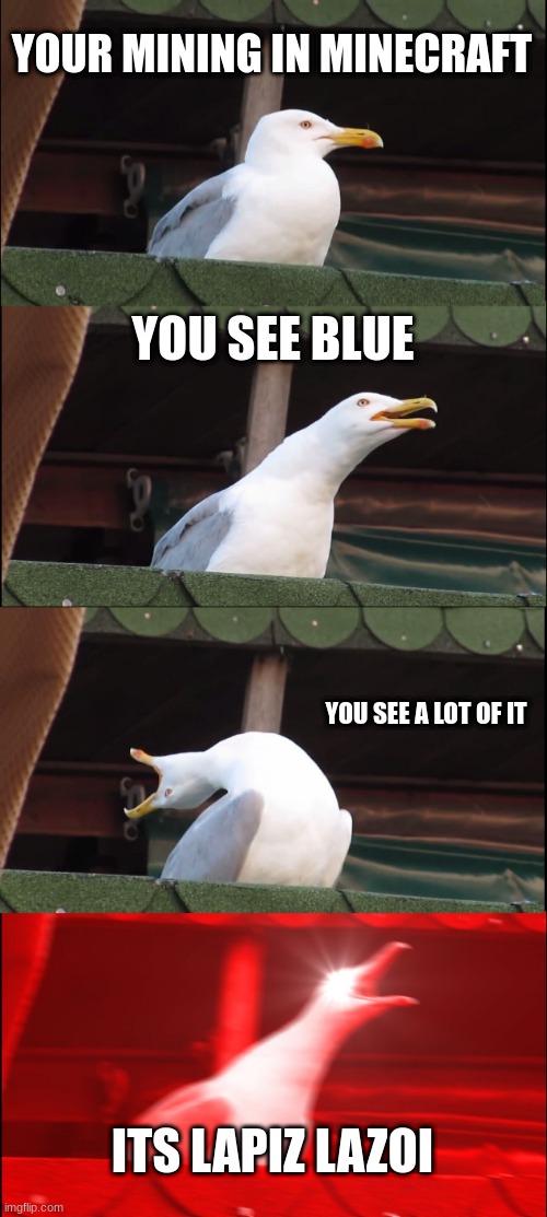 Pain at its finest | YOUR MINING IN MINECRAFT; YOU SEE BLUE; YOU SEE A LOT OF IT; ITS LAPIZ LAZOI | image tagged in memes,inhaling seagull,minecraft | made w/ Imgflip meme maker