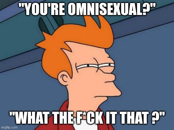 Gay. (Has happened to me) | "YOU'RE OMNISEXUAL?"; "WHAT THE F*CK IT THAT ?" | image tagged in memes,futurama fry | made w/ Imgflip meme maker