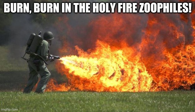 BURN | BURN, BURN IN THE HOLY FIRE ZOOPHILES! | image tagged in flame thrower | made w/ Imgflip meme maker