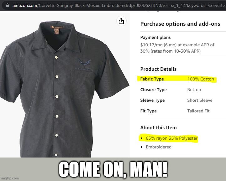 100% cotton *and* 65% rayon / 35% polyester??? | COME ON, MAN! | image tagged in you had one job,you had one job just the one | made w/ Imgflip meme maker