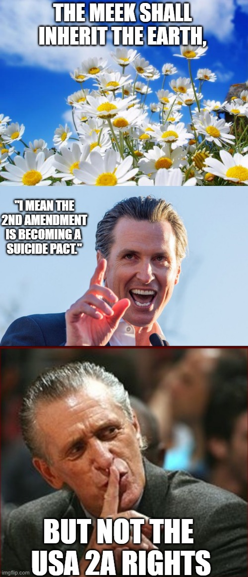 Estate of Jean Paul Getty, Parody of dictum attributed | THE MEEK SHALL
INHERIT THE EARTH, "I MEAN THE 2ND AMENDMENT IS BECOMING A 
SUICIDE PACT."; BUT NOT THE 
USA 2A RIGHTS | image tagged in insane idiot gavin newsom,pat riley,2nd amendment,second amendment,jesus says,gun control | made w/ Imgflip meme maker