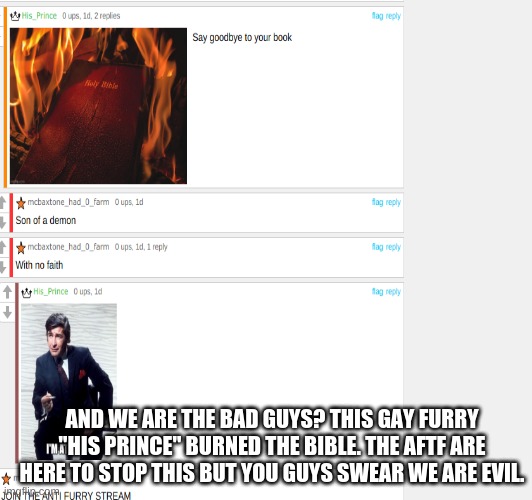 JOIN US AND OUR RAIDS TOO STOP THIS UN HOLINESS | AND WE ARE THE BAD GUYS? THIS GAY FURRY "HIS PRINCE" BURNED THE BIBLE. THE AFTF ARE HERE TO STOP THIS BUT YOU GUYS SWEAR WE ARE EVIL. | image tagged in aftf,raid | made w/ Imgflip meme maker