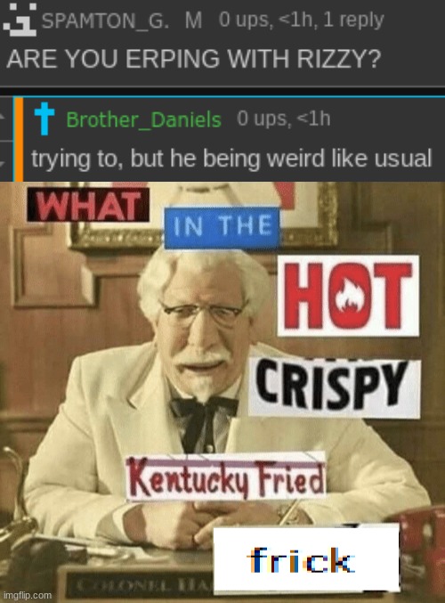 image tagged in what in the hot crispy kentucky fried frick | made w/ Imgflip meme maker