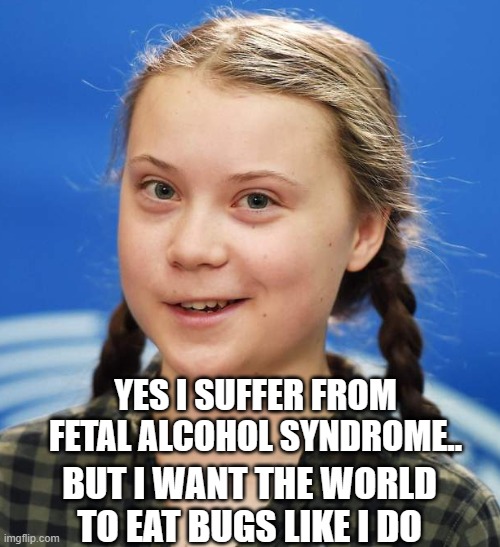 Greta Thunberg | YES I SUFFER FROM FETAL ALCOHOL SYNDROME.. BUT I WANT THE WORLD TO EAT BUGS LIKE I DO | image tagged in greta thunberg | made w/ Imgflip meme maker