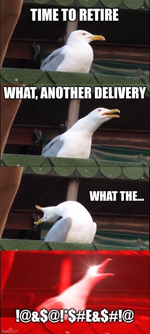 Inhaling Seagull | TIME TO RETIRE; WHAT, ANOTHER DELIVERY; WHAT THE... !@&$@!*$#E&$#!@ | image tagged in memes,inhaling seagull | made w/ Imgflip meme maker