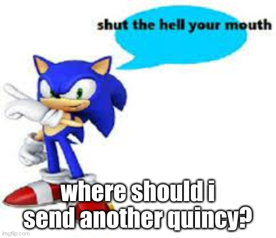 Shut the hell your mouth | where should i send another quincy? | image tagged in shut the hell your mouth | made w/ Imgflip meme maker