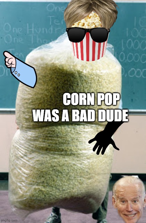 corn pop was one bad dude a real action hero by Joe Biden | WAS A BAD DUDE; CORN POP | image tagged in sack of pop corn | made w/ Imgflip meme maker