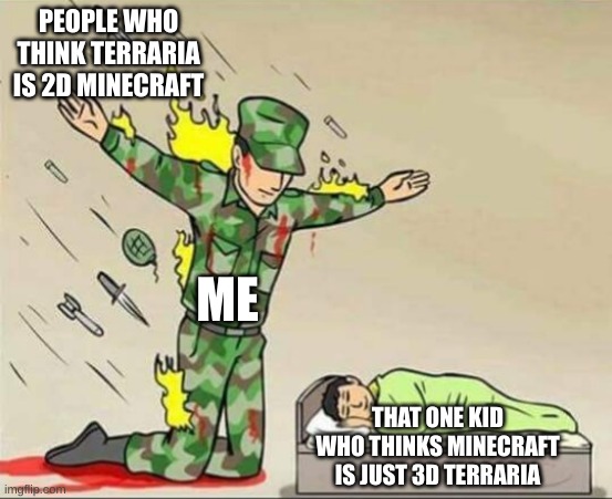 Soldier protecting sleeping child | PEOPLE WHO THINK TERRARIA IS 2D MINECRAFT; ME; THAT ONE KID WHO THINKS MINECRAFT IS JUST 3D TERRARIA | image tagged in soldier protecting sleeping child | made w/ Imgflip meme maker