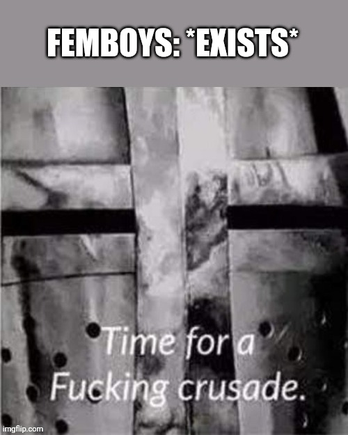 Time for a f**king crusade | FEMBOYS: *EXISTS* | image tagged in time for a f king crusade | made w/ Imgflip meme maker