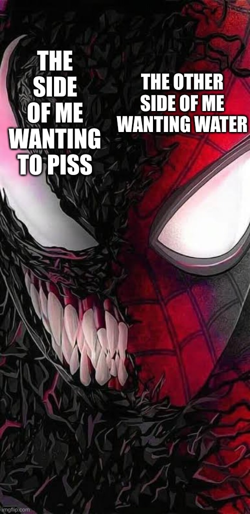 an endless conflict | THE SIDE OF ME WANTING TO PISS; THE OTHER SIDE OF ME WANTING WATER | image tagged in venom | made w/ Imgflip meme maker