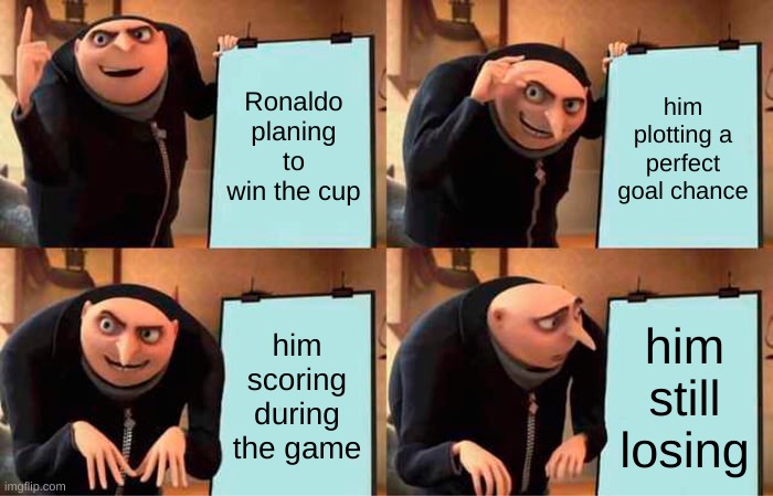 Gru's Plan | Ronaldo planing to win the cup; him plotting a perfect goal chance; him scoring during the game; him still losing | image tagged in memes,gru's plan | made w/ Imgflip meme maker