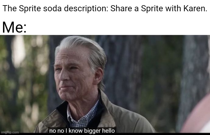 NEVER | The Sprite soda description: Share a Sprite with Karen. Me: | image tagged in no no i know bigger hello,sprite,karens,karen,memes,meme | made w/ Imgflip meme maker