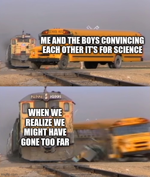 THE BOYS | ME AND THE BOYS CONVINCING EACH OTHER IT'S FOR SCIENCE; WHEN WE REALIZE WE MIGHT HAVE GONE TOO FAR | image tagged in a train hitting a school bus | made w/ Imgflip meme maker