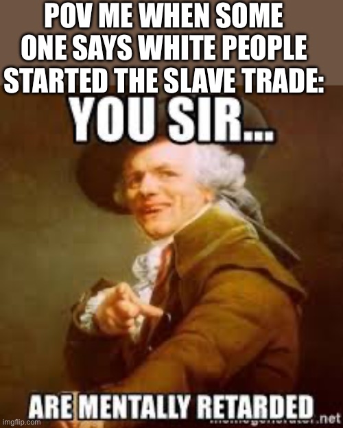 POV ME WHEN SOME ONE SAYS WHITE PEOPLE STARTED THE SLAVE TRADE: | image tagged in history,slavery | made w/ Imgflip meme maker