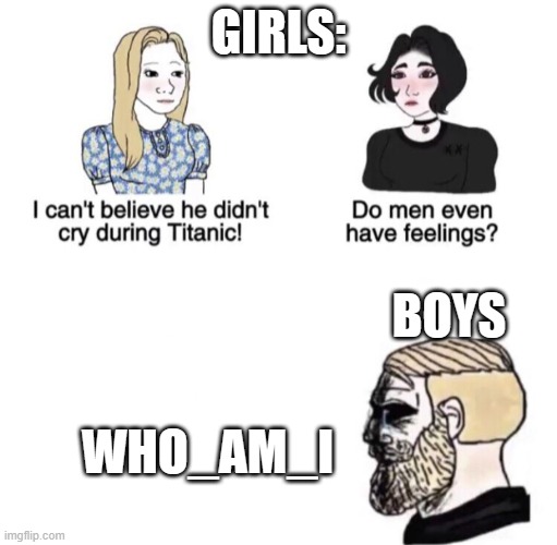 gonna miss that old account | GIRLS:; BOYS; WHO_AM_I | image tagged in chad crying,who_am_i,relatable,boys vs girls,funny | made w/ Imgflip meme maker