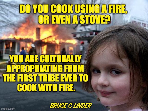 Is grilling cultural appropriation of the first grillers? | DO YOU COOK USING A FIRE, 
OR EVEN A STOVE? YOU ARE CULTURALLY 
APPROPRIATING FROM 
THE FIRST TRIBE EVER TO 
COOK WITH FIRE. BRUCE C LINDER | image tagged in memes,disaster girl,cultural appropriation,grilling | made w/ Imgflip meme maker
