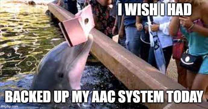 I wish I had backed up my AAC system today | I WISH I HAD; BACKED UP MY AAC SYSTEM TODAY | image tagged in aac,backup | made w/ Imgflip meme maker