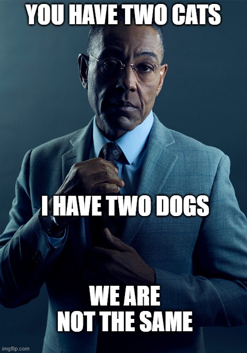Gus Fring we are not the same | YOU HAVE TWO CATS; I HAVE TWO DOGS; WE ARE NOT THE SAME | image tagged in gus fring we are not the same | made w/ Imgflip meme maker