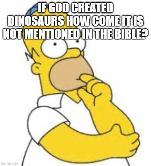 HMMMMM | IF GOD CREATED DINOSAURS HOW COME IT IS NOT MENTIONED IN THE BIBLE? | image tagged in homer simpson hmmmm | made w/ Imgflip meme maker