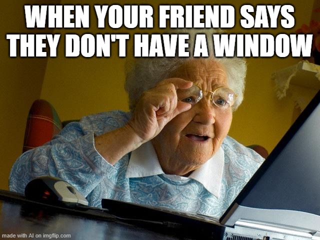 When Your Friend Doesn't Have A Window | WHEN YOUR FRIEND SAYS THEY DON'T HAVE A WINDOW | image tagged in memes,grandma finds the internet | made w/ Imgflip meme maker