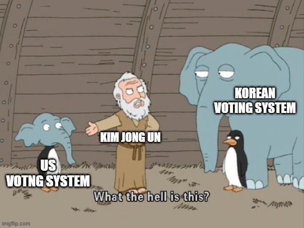What the hell is this? | US VOTNG SYSTEM KOREAN VOTING SYSTEM KIM JONG UN | image tagged in what the hell is this | made w/ Imgflip meme maker