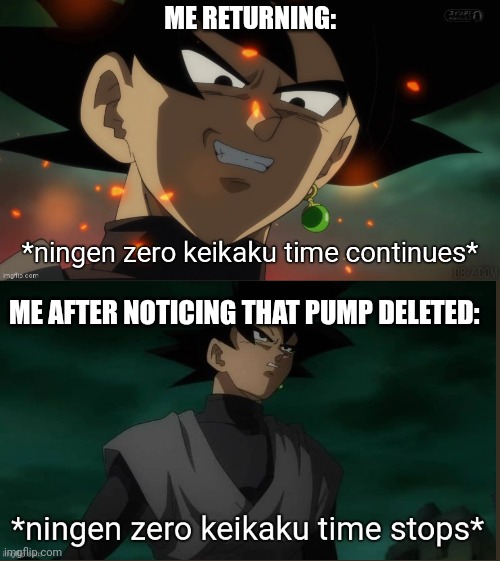 ningen zero keikaku time continues | ME RETURNING:; ME AFTER NOTICING THAT PUMP DELETED: | image tagged in ningen zero keikaku time continues | made w/ Imgflip meme maker