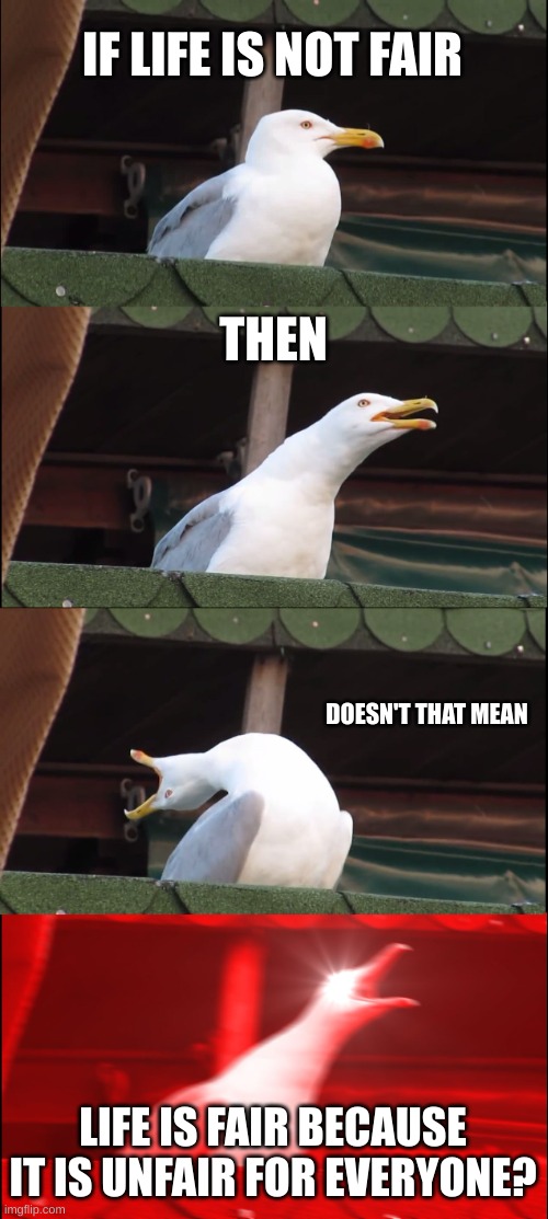 Is it? | IF LIFE IS NOT FAIR; THEN; DOESN'T THAT MEAN; LIFE IS FAIR BECAUSE IT IS UNFAIR FOR EVERYONE? | image tagged in memes,inhaling seagull | made w/ Imgflip meme maker