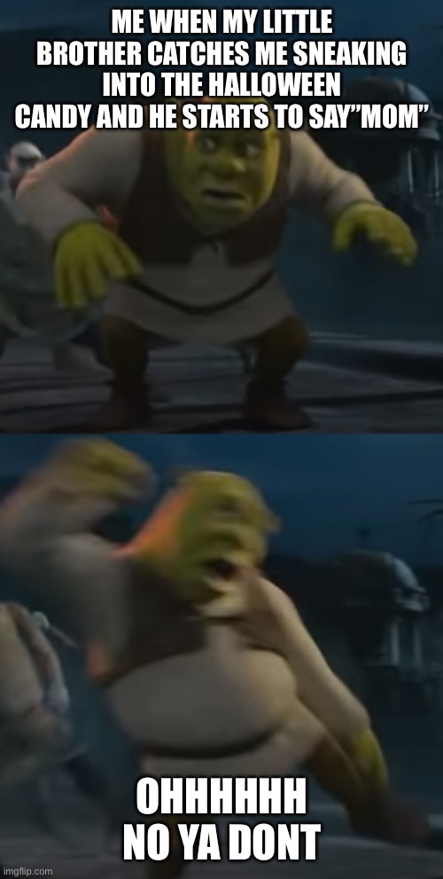 Shrek Thriller | ME WHEN MY LITTLE BROTHER CATCHES ME SNEAKING INTO THE HALLOWEEN CANDY AND HE STARTS TO SAY”MOM”; OHHHHHH NO YA DONT | image tagged in shrek thriller | made w/ Imgflip meme maker