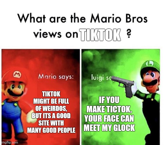 Tictok is soulless | TIKTOK; TIKTOK MIGHT BE FULL OF WEIRDOS, BUT ITS A GOOD SITE WITH MANY GOOD PEOPLE; IF YOU MAKE TICTOK, YOUR FACE CAN MEET MY GLOCK | image tagged in mario bros views | made w/ Imgflip meme maker