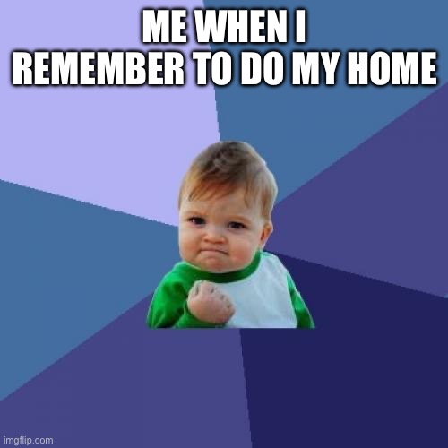 Success Kid | ME WHEN I REMEMBER TO DO MY HOMEWORK | image tagged in memes,success kid | made w/ Imgflip meme maker