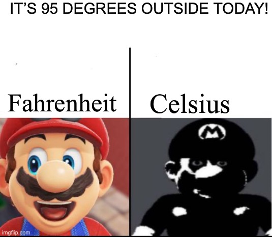 Maybe a swim at the pool will help! | IT’S 95 DEGREES OUTSIDE TODAY! Fahrenheit; Celsius | image tagged in happy mario vs dark mario | made w/ Imgflip meme maker