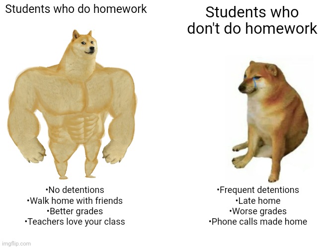 e | Students who do homework; Students who don't do homework; •No detentions
•Walk home with friends
•Better grades
•Teachers love your class; •Frequent detentions
•Late home
•Worse grades
•Phone calls made home | image tagged in memes,buff doge vs cheems | made w/ Imgflip meme maker