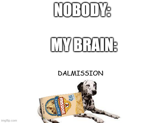 dalmission | NOBODY:; MY BRAIN:; DALMISSION | image tagged in blank white template | made w/ Imgflip meme maker