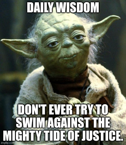 This daily wisdom is a quote from The Tick | DAILY WISDOM; DON'T EVER TRY TO SWIM AGAINST THE MIGHTY TIDE OF JUSTICE. | image tagged in memes,star wars yoda | made w/ Imgflip meme maker