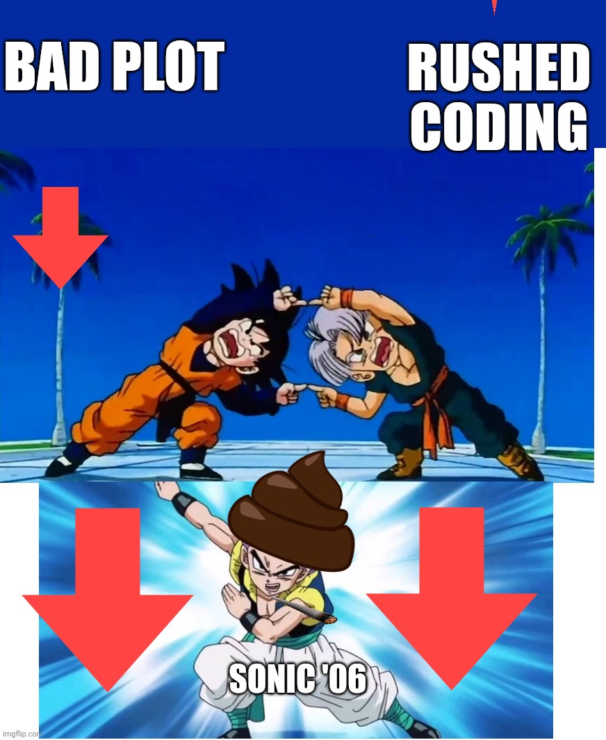 Fusion | RUSHED CODING; BAD PLOT; SONIC '06 | image tagged in fusion | made w/ Imgflip meme maker
