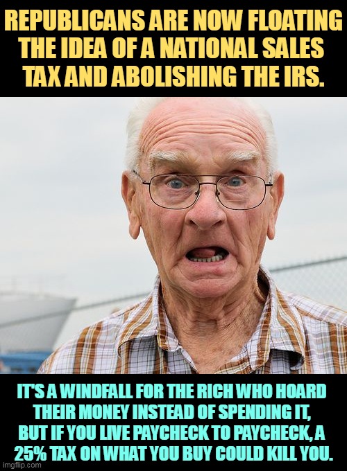 The GOP strikes again! | REPUBLICANS ARE NOW FLOATING THE IDEA OF A NATIONAL SALES 
TAX AND ABOLISHING THE IRS. IT'S A WINDFALL FOR THE RICH WHO HOARD 
THEIR MONEY INSTEAD OF SPENDING IT, 
BUT IF YOU LIVE PAYCHECK TO PAYCHECK, A 
25% TAX ON WHAT YOU BUY COULD KILL YOU. | image tagged in maga,republicans,dumb,bad idea,taxes,irs | made w/ Imgflip meme maker