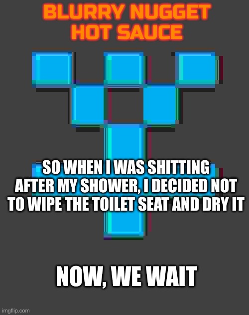 I do a little trolling | SO WHEN I WAS SHITTING AFTER MY SHOWER, I DECIDED NOT TO WIPE THE TOILET SEAT AND DRY IT; NOW, WE WAIT | image tagged in blurry-nugget-hot-sauce announcement template | made w/ Imgflip meme maker