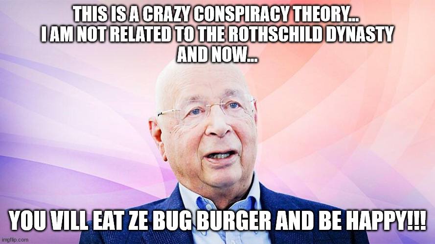 klaus schwab puppet of the elites | THIS IS A CRAZY CONSPIRACY THEORY... 
I AM NOT RELATED TO THE ROTHSCHILD DYNASTY
AND NOW... YOU VILL EAT ZE BUG BURGER AND BE HAPPY!!! | image tagged in nwo police state | made w/ Imgflip meme maker