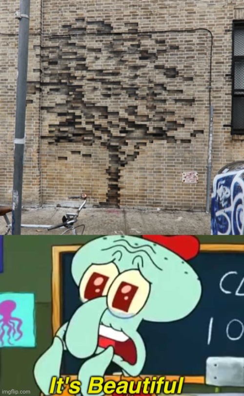 Tree brick optical illusion | image tagged in it's beautiful,tree,brick,optical illusion,memes,bricks | made w/ Imgflip meme maker