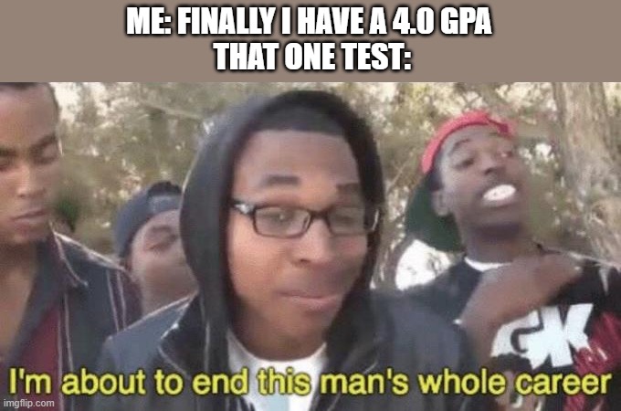 I’m about to end this man’s whole career | ME: FINALLY I HAVE A 4.0 GPA
 THAT ONE TEST: | image tagged in i m about to end this man s whole career,school,test,grades | made w/ Imgflip meme maker