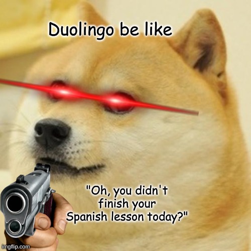 Duolingo be like | Duolingo be like; "Oh, you didn't finish your Spanish lesson today?" | image tagged in memes,doge | made w/ Imgflip meme maker