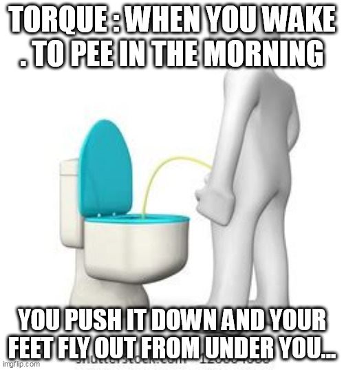 TORQUE DEFINED | TORQUE : WHEN YOU WAKE
. TO PEE IN THE MORNING; YOU PUSH IT DOWN AND YOUR FEET FLY OUT FROM UNDER YOU... | image tagged in pee,mornings | made w/ Imgflip meme maker