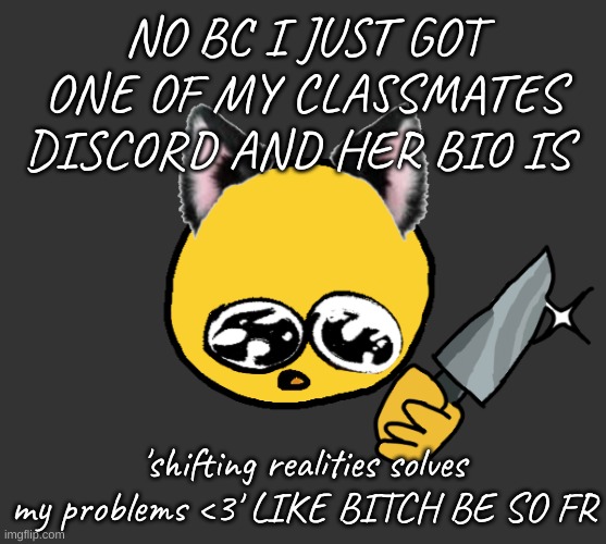 And shes the lead in our school musical :sOb: |  NO BC I JUST GOT ONE OF MY CLASSMATES DISCORD AND HER BIO IS; 'shifting realities solves my problems <3' LIKE BITCH BE SO FR | image tagged in no bitches | made w/ Imgflip meme maker