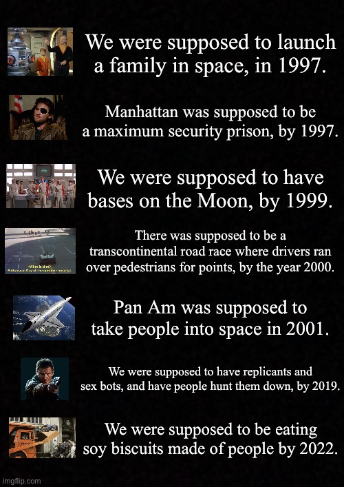 Blank  | We were supposed to launch a family in space, in 1997. Manhattan was supposed to be a maximum security prison, by 1997. We were supposed to have bases on the Moon, by 1999. There was supposed to be a transcontinental road race where drivers ran over pedestrians for points, by the year 2000. Pan Am was supposed to take people into space in 2001. We were supposed to have replicants and sex bots, and have people hunt them down, by 2019. We were supposed to be eating soy biscuits made of people by 2022. | image tagged in blank,dystopian,science fiction | made w/ Imgflip meme maker