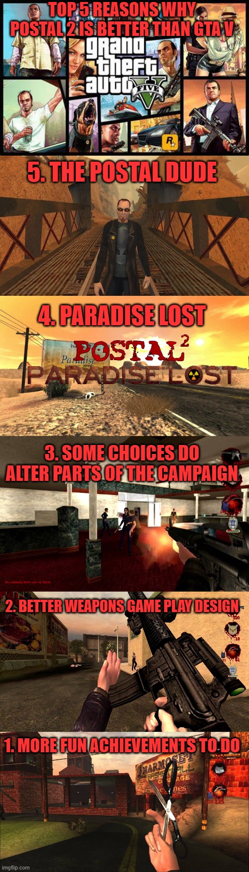 TOP 5 REASONS WHY POSTAL 2 IS BETTER THAN GTA V; 5. THE POSTAL DUDE; 4. PARADISE LOST; 3. SOME CHOICES DO ALTER PARTS OF THE CAMPAIGN; 2. BETTER WEAPONS GAME PLAY DESIGN; 1. MORE FUN ACHIEVEMENTS TO DO | image tagged in postal,gta,top 5 | made w/ Imgflip meme maker