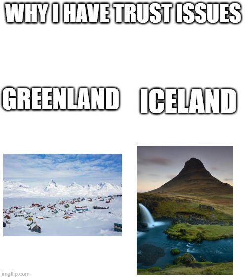 Why I have trust issues | WHY I HAVE TRUST ISSUES; GREENLAND; ICELAND | image tagged in memes,visible confusion | made w/ Imgflip meme maker