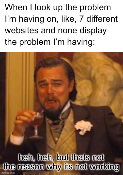 it happens to me ALL THE DANG TIME!!! | heh, heh, but thats not the reason why its not working | image tagged in memes,laughing leo,bruh moment,funny,why,oh wow are you actually reading these tags | made w/ Imgflip meme maker