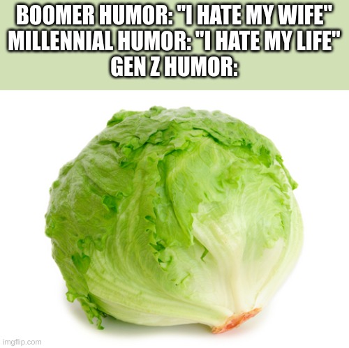 Flashbacks! | BOOMER HUMOR: "I HATE MY WIFE"
MILLENNIAL HUMOR: "I HATE MY LIFE"
GEN Z HUMOR: | image tagged in lettuce | made w/ Imgflip meme maker
