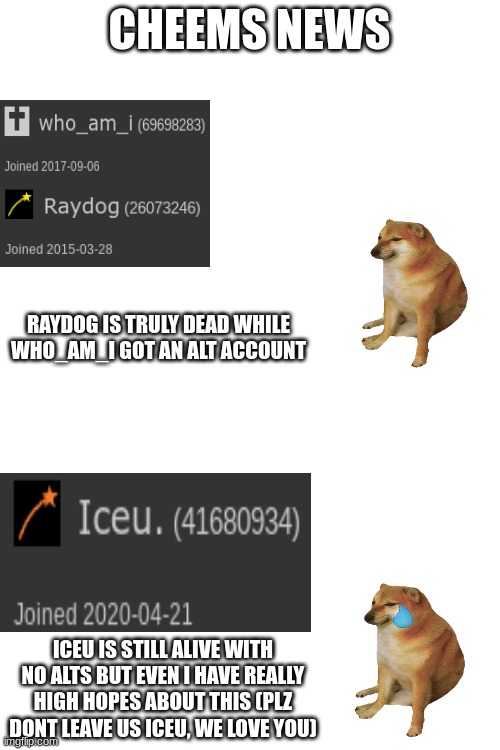 CHEEMS NEWS; RAYDOG IS TRULY DEAD WHILE WHO_AM_I GOT AN ALT ACCOUNT; ICEU IS STILL ALIVE WITH NO ALTS BUT EVEN I HAVE REALLY HIGH HOPES ABOUT THIS (PLZ DONT LEAVE US ICEU, WE LOVE YOU) | image tagged in blank white template | made w/ Imgflip meme maker